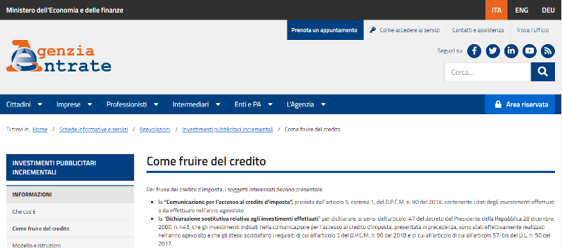 Credito d’imposta sugli investimenti pubblicitari anno 2022