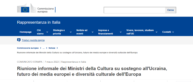 Riunione informale dei Ministri della Cultura su sostegno all'Ucraina, futuro dei media europei e diversità culturale dell'Europa